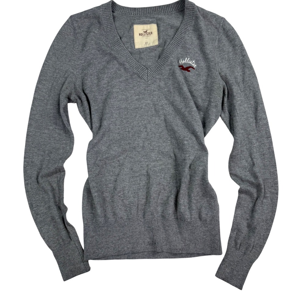 VTG Hollister Y2K Gray V-Neck Sweater Embroidered Logo Long Sleeve XS Heathered
